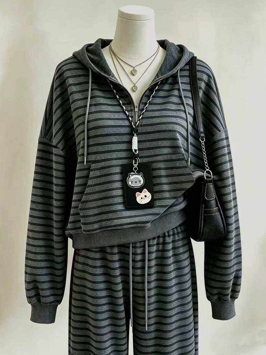 Franclia Women's Striped Drawstring Hooded Sweatshirt And Sweatpants Set - Multicolor - View 1