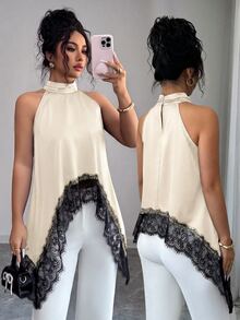 SHEIN Elenzya Contrast Color Lace Patchwork Stand Collar Sleeveless Asymmetrical Hem Blouse, Summer Fashion - Apricot - View 1