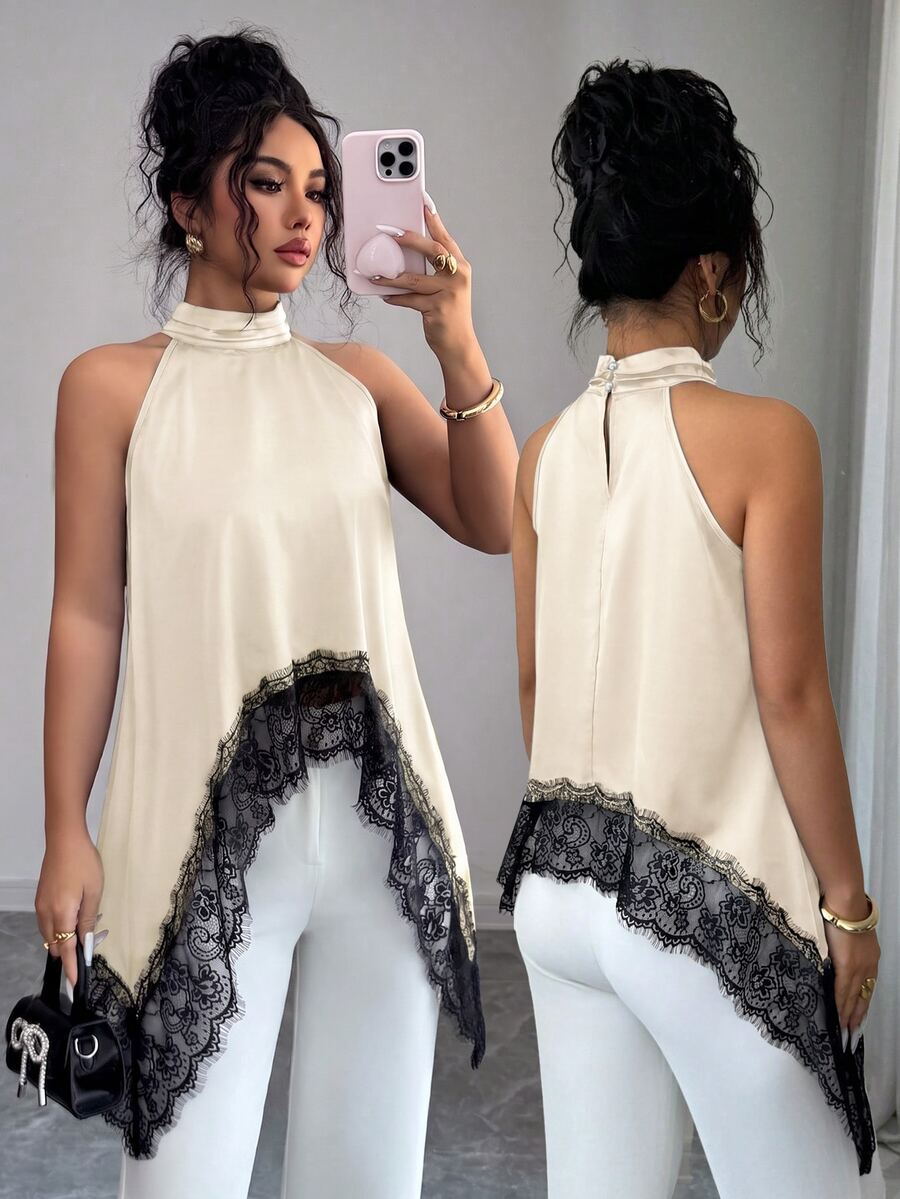 SHEIN Elenzya Contrast Color Lace Patchwork Stand Collar Sleeveless Asymmetrical Hem Blouse, Summer Fashion - Apricot - View 1