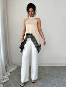 SHEIN Elenzya Contrast Color Lace Patchwork Stand Collar Sleeveless Asymmetrical Hem Blouse, Summer Fashion - Apricot - View 6