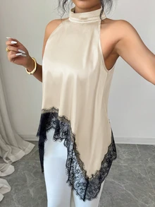 SHEIN Elenzya Contrast Color Lace Patchwork Stand Collar Sleeveless Asymmetrical Hem Blouse, Summer Fashion - Apricot - View 5