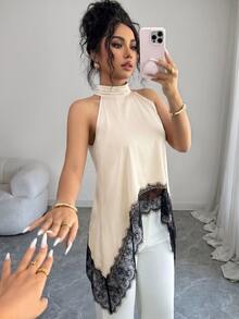 SHEIN Elenzya Contrast Color Lace Patchwork Stand Collar Sleeveless Asymmetrical Hem Blouse, Summer Fashion - Apricot - View 7