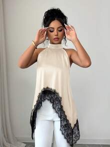SHEIN Elenzya Contrast Color Lace Patchwork Stand Collar Sleeveless Asymmetrical Hem Blouse, Summer Fashion - Apricot - View 4