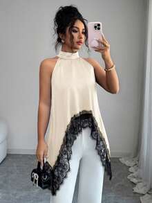 SHEIN Elenzya Contrast Color Lace Patchwork Stand Collar Sleeveless Asymmetrical Hem Blouse, Summer Fashion - Apricot - View 3