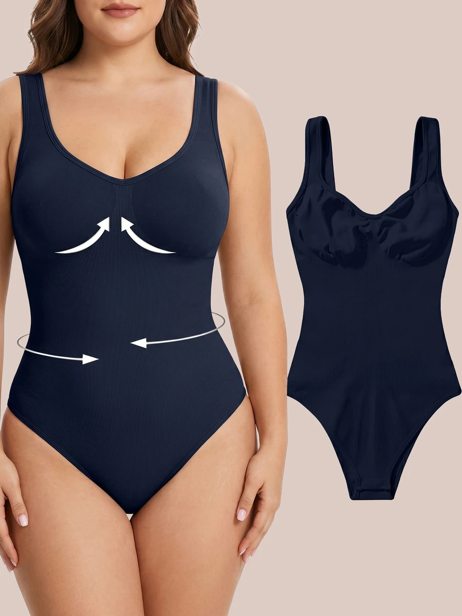 SHEIN Rhythm Era Women's Plus Size Solid Color Ribbed Tank Style Sports Jumpsuit - Navy Blue - View 1