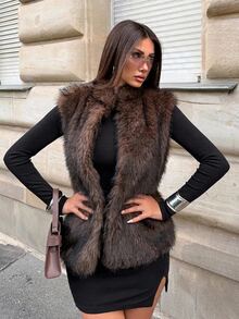 Firerie معطف فرو صناعي بلون موحد عصري متعدد الاستخدامات للسفر في الشتاء للنساء - بني - مشاهدة 5