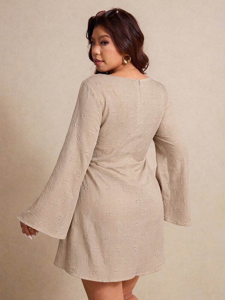 Elaquor Plus Size Women's Solid Color Pleated Casual Daily Summer Travel Dress Casual Dress For Women Fall/Winter Casual Elegant Office Work Dress For Women - Khaki - View 2