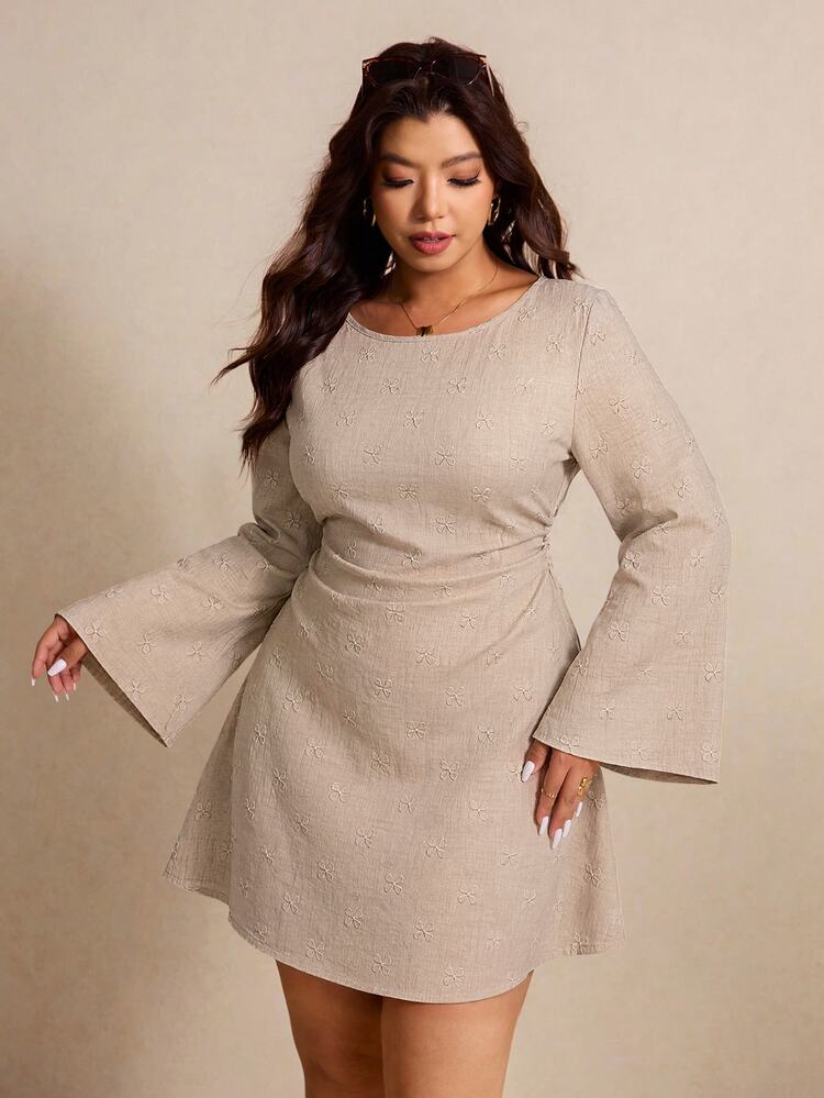 Elaquor Plus Size Women's Solid Color Pleated Casual Daily Summer Travel Dress Casual Dress For Women Fall/Winter Casual Elegant Office Work Dress For Women - Khaki - View 3