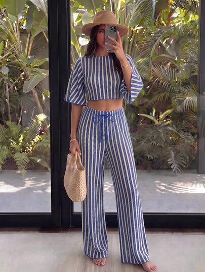 Sunnyshic New Multi-Color Blue & White Textured Striped Mesh Hollow Out Long Pants & Cover-Up 2pcs Set Women's Swimwear Cover-Up For Beach Party Cruise Vacation