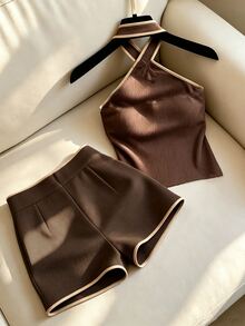 SHEIN Franclia 女款拼色金屬飾掛脖上衣與短褲休閒日常套裝 - 棕色 - 查看 2