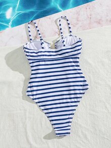 Swim Lushoire 女士新款条纹U领连体泳衣 - 藍白色 - 查看 4