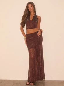 Opulessa Women's Sequin Contrast Lace Backless Halter Top & Skirt 2 Pieces Set - Brown - View 8