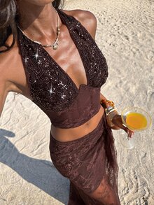Opulessa Women's Sequin Contrast Lace Backless Halter Top & Skirt 2 Pieces Set - Brown - View 1