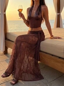 Opulessa Women's Sequin Contrast Lace Backless Halter Top & Skirt 2 Pieces Set - Brown - View 7