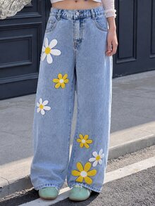 SHEIN ChillGRL 青少年女孩深藍色夏季可愛度假返校 Y2K 波希米亞花卉套頭毛衣與刺繡寬鬆寬腿牛仔褲套裝 舞會晚宴 - 淺色水洗藍 - 查看 4
