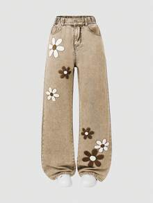 SHEIN ChillGRL 青少年女孩復古可愛街頭風水洗刺繡喇叭牛仔褲 Y2K 風格 灰色 夏季休閒度假 開學季 秋冬派對舞會 - 卡其色 - 查看 5