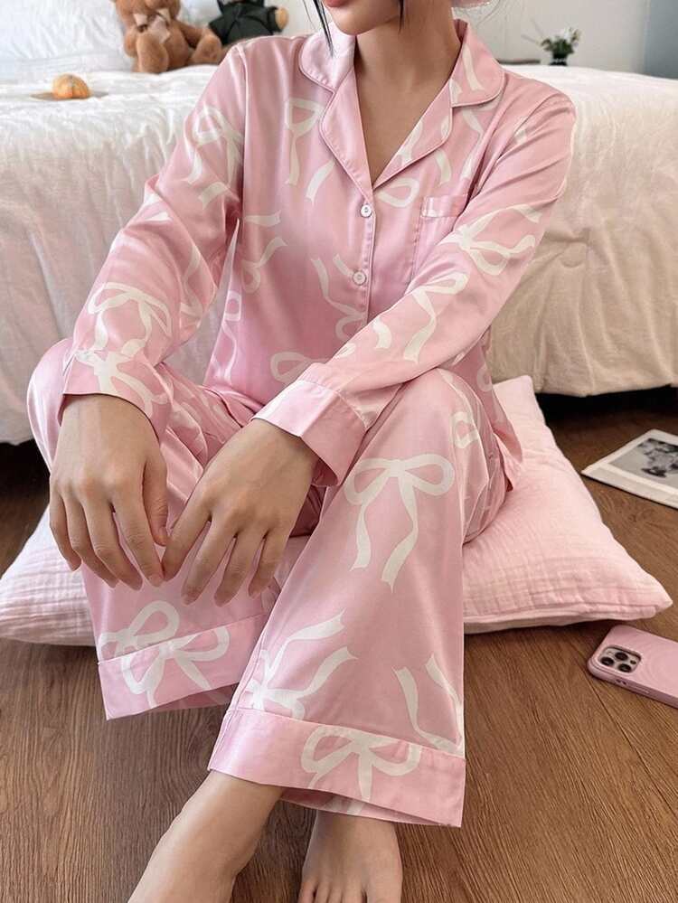 Teen Girls Pajamas New Pink Bow Front Open Flame-Retardant Fabric Lapel Long Sleeve Long Pants Casual Fashion Comfortable 2 Pieces Loungewear Set 1 Set - Pink - View 9