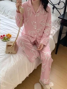 青少年女孩睡衣新款 粉色蝴蝶結前開襟 防火布料 翻領長袖長褲 休閒時尚舒適 2件式居家服套裝 1套 - 粉色 - 查看 3