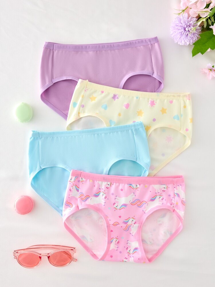 SHEIN 4 Pieces Young Girls Underwear Panties, Baby Blue Baby Pink Colors Cute Cartoon Unicorn Star Print Jersey Knit High Elasticity Panties Winter - Blue - View 1