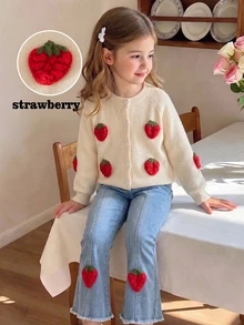 2件/套女童幼兒春秋新款返校米色甜美俏皮風中厚針織與牛仔套裝 手工鉤編3D草莓裝飾 - 彩色 - 查看 5
