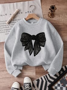 SHEIN 女童休闲舒适时尚简约可爱蝴蝶结图案保暖内衬圆领长袖套头卫衣蝴蝶结卫衣女童套头卫衣灰色卫衣秋冬 - 灰色 - 查看 6