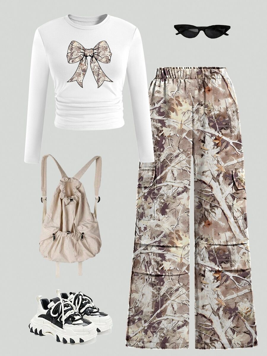 SHEIN ChillGRL 2pcs/Set Teen Girls Camo Pants And White Bow Print Long Sleeve Top, Autumn Casual Korean Cute School Back-To-School Outfit Set, Bell Bottom Beige