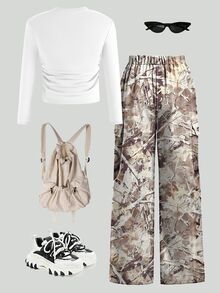SHEIN ChillGRL 2pcs/Set Teen Girls Camo Pants And White Bow Print Long Sleeve Top, Autumn Casual Korean Cute School Back-To-School Outfit Set, Bell Bottom Beige - Multicolor - View 6