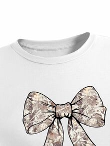 SHEIN ChillGRL 2pcs/Set Teen Girls Camo Pants And White Bow Print Long Sleeve Top, Autumn Casual Korean Cute School Back-To-School Outfit Set, Bell Bottom Beige - Multicolor - View 9