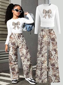 SHEIN ChillGRL 2pcs/Set Teen Girls Camo Pants And White Bow Print Long Sleeve Top, Autumn Casual Korean Cute School Back-To-School Outfit Set, Bell Bottom Beige - Multicolor - View 3