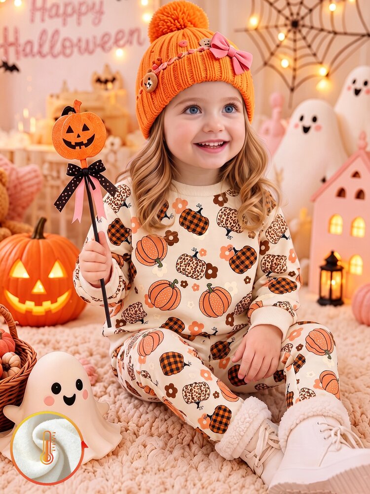 Halloween Baby Girls 2Pcs Plaid Leopard Pumpkin Print Fleece Lined Sweatshirt & Pants Set, Cozy Fall Outfit - Multicolor - View 3