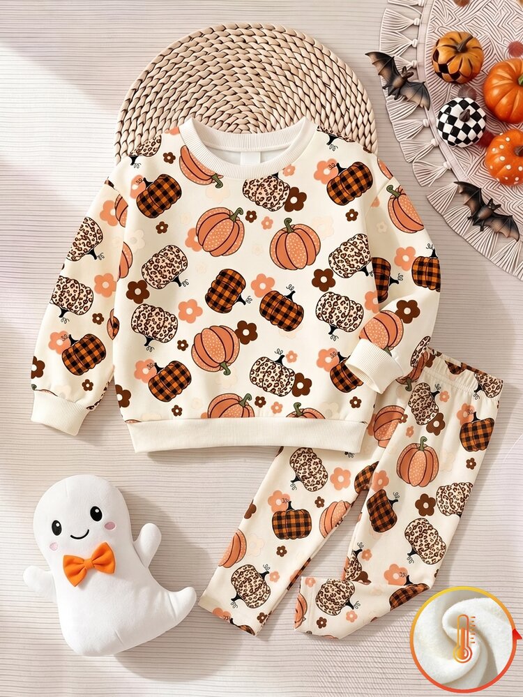 Halloween Baby Girls 2Pcs Plaid Leopard Pumpkin Print Fleece Lined Sweatshirt & Pants Set, Cozy Fall Outfit - Multicolor - View 4