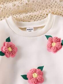 Elladie kids 女嬰秋冬 1-4 歲 3D 花朵貼花運動衫與粉色羅紋內搭褲 2 件套日常休閒秋季服裝 - 粉色 - 查看 6
