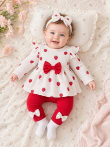 SHEIN Newborn Spring/Autumn Brown Heart Print Top With Bow Knot Decor Pure Black Long Pants  2-Piece Set Suitable For Outings, Sports, Christmas Parties - Multicolor - View 4