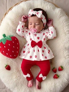 SHEIN Newborn Spring/Autumn Brown Heart Print Top With Bow Knot Decor Pure Black Long Pants  2-Piece Set Suitable For Outings, Sports, Christmas Parties - Multicolor - View 2