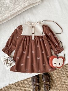 SHEIN Playful Pals Baby Girls Toddler Girl Corduroy Dress Cute Brown Cream Ruffle Bow Print Long Sleeve Frill Neck Regular Party Winter First Day Of School Princess Cozy - Brown - View 2