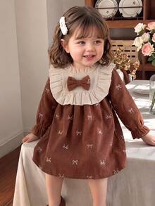 SHEIN Playful Pals Baby Girls Toddler Girl Corduroy Dress Cute Brown Cream Ruffle Bow Print Long Sleeve Frill Neck Regular Party Winter First Day Of School Princess Cozy - Brown - View 6