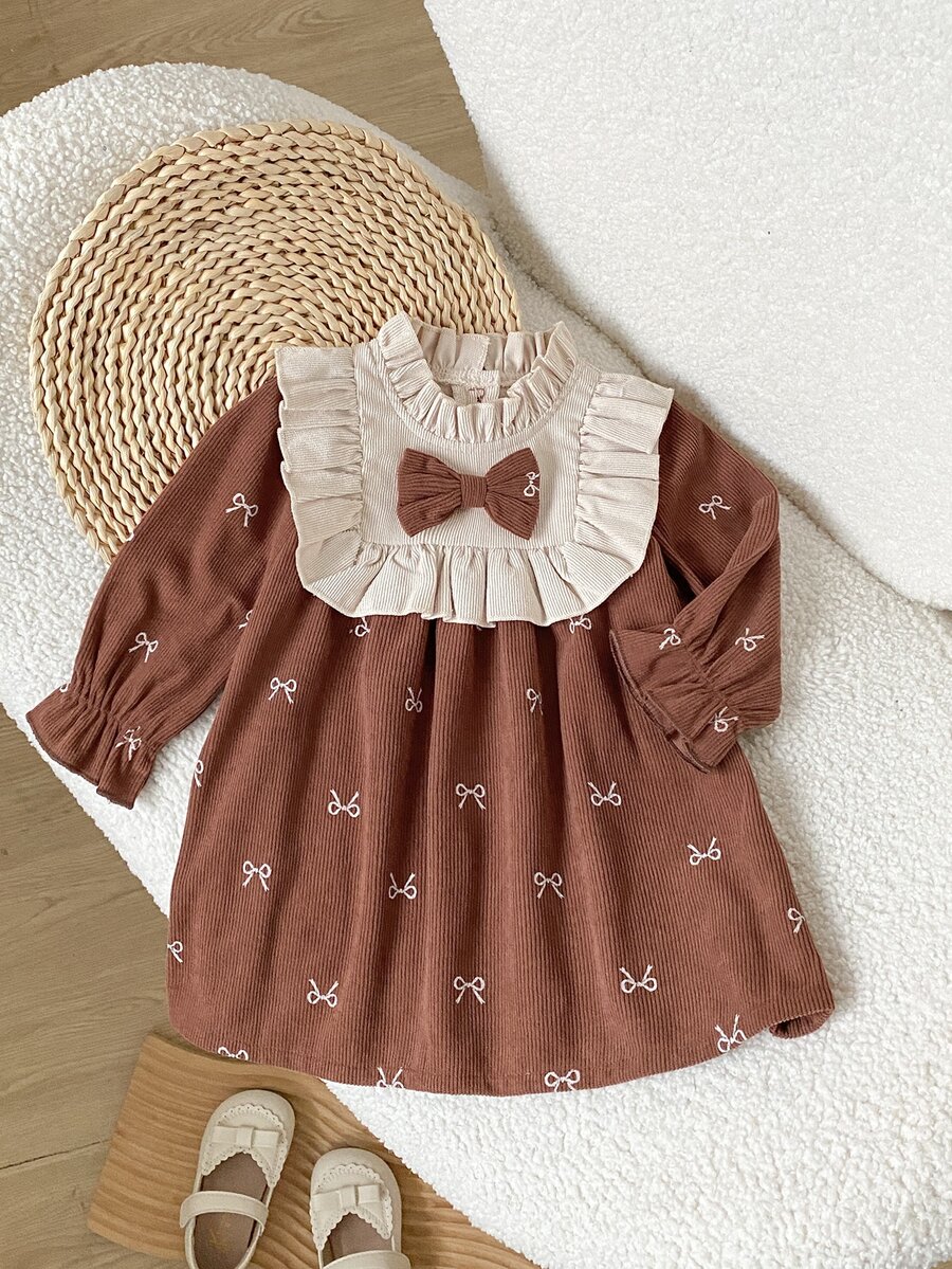 SHEIN Playful Pals Baby Girls Toddler Girl Corduroy Dress Cute Brown Cream Ruffle Bow Print Long Sleeve Frill Neck Regular Party Winter First Day Of School Princess Cozy - Brown - View 1