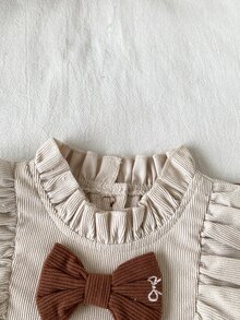SHEIN Playful Pals Baby Girls Toddler Girl Corduroy Dress Cute Brown Cream Ruffle Bow Print Long Sleeve Frill Neck Regular Party Winter First Day Of School Princess Cozy - Brown - View 4