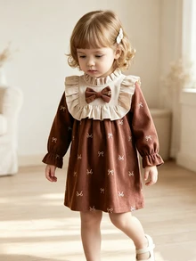 SHEIN Playful Pals Baby Girls Toddler Girl Corduroy Dress Cute Brown Cream Ruffle Bow Print Long Sleeve Frill Neck Regular Party Winter First Day Of School Princess Cozy - Brown - View 5