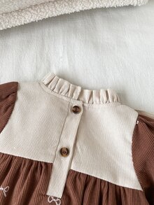 SHEIN Playful Pals Baby Girls Toddler Girl Corduroy Dress Cute Brown Cream Ruffle Bow Print Long Sleeve Frill Neck Regular Party Winter First Day Of School Princess Cozy - Brown - View 7