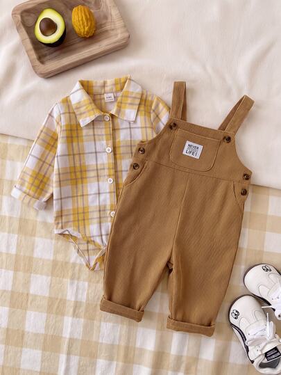 SHEIN Playful Pals 2pcs Baby Boy Shirt Corduroy Overalls Preppy Mustard Plaid Patch Suspender Long Sleeve Collared Regular Birthday Party Fall Cozy First Birthday Retro