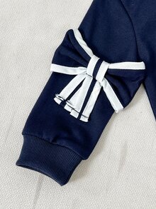 1pc Baby Girl Sweatshirt Cute Sweet Navy Blue 3D Colorblock Bowknot Long Sleeve Round Neck Back To School Autumn Fall Pullover Top - Blue - View 7