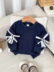 1pc Baby Girl Sweatshirt Cute Sweet Navy Blue 3D Colorblock Bowknot Long Sleeve Round Neck Back To School Autumn Fall Pullover Top - Blue - View 4