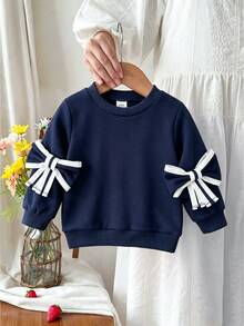 1pc Baby Girl Sweatshirt Cute Sweet Navy Blue 3D Colorblock Bowknot Long Sleeve Round Neck Back To School Autumn Fall Pullover Top - Blue - View 6