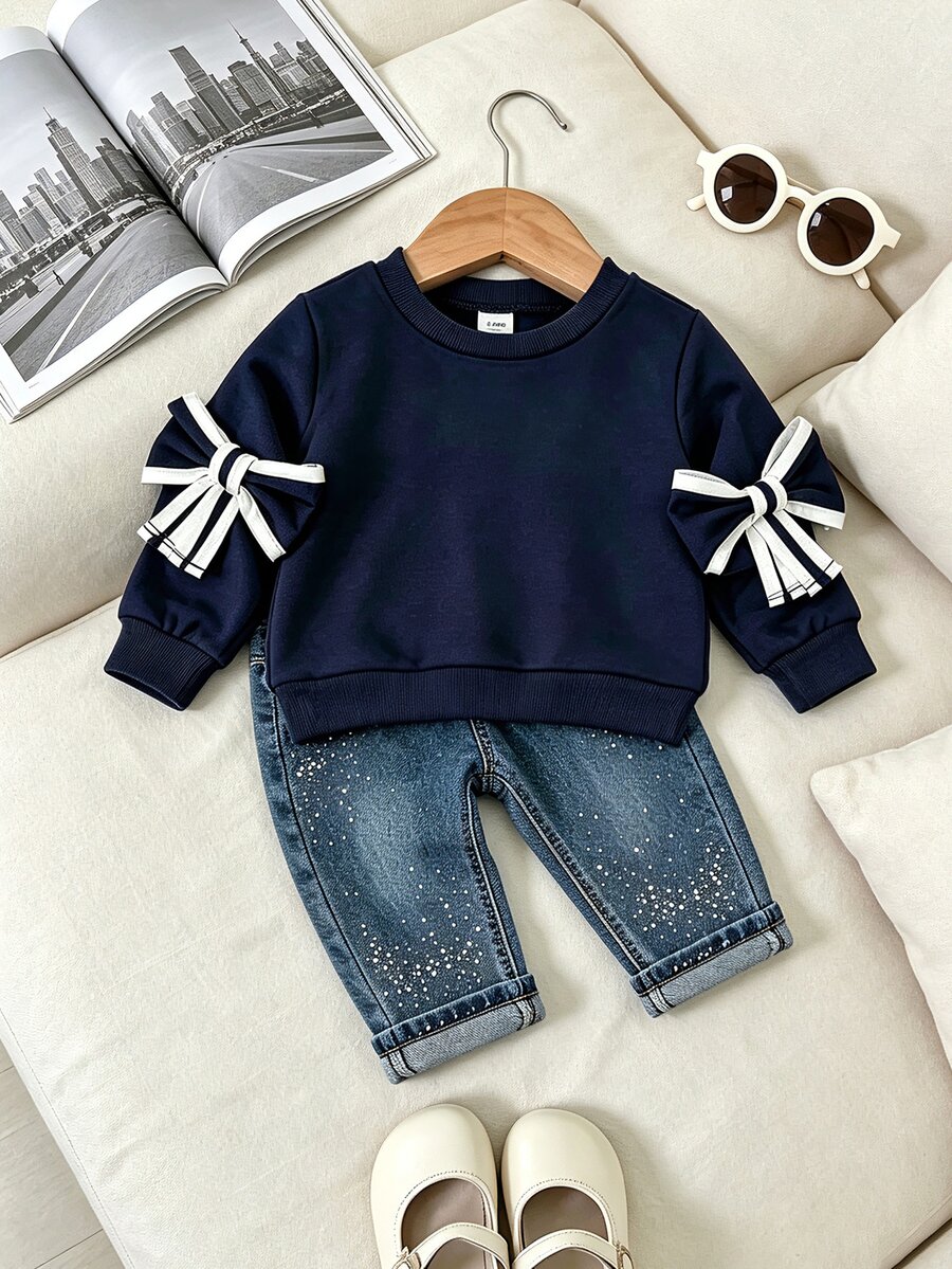 1pc Baby Girl Sweatshirt Cute Sweet Navy Blue 3D Colorblock Bowknot Long Sleeve Round Neck Back To School Autumn Fall Pullover Top