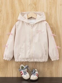 SHEIN 少女連帽蝴蝶結夾克，可愛上衣，秋季新款，校園風，蝴蝶結裝飾連帽淺卡其杏色長袖外套上衣 - 卡其色 - 查看 8