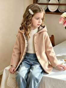 SHEIN Elladie kids 女嬰白色拼接格紋布料連帽前開襟時尚休閒外套，秋冬Y2K長袖上衣夾克 - 卡其色 - 查看 7