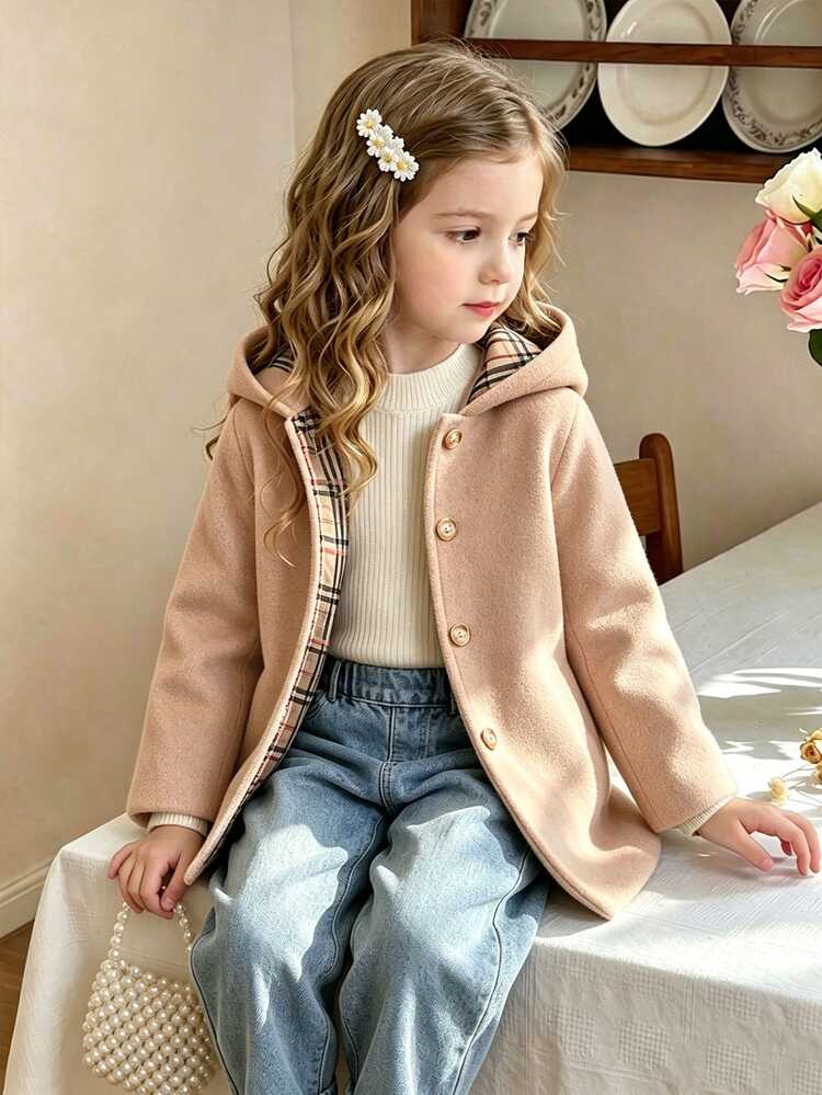 SHEIN Elladie kids Girls' Baby White Patchwork Plaid Fabric Hooded Open-Front Detail Fashion Casual Overcoat, Autumn/Winter Y2k Tops, Long Sleeve Top, Fall Tops, Jacket - Khaki - View 7