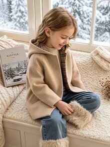 SHEIN Elladie kids 女嬰白色拼接格紋布料連帽前開襟時尚休閒外套，秋冬Y2K長袖上衣夾克 - 卡其色 - 查看 2