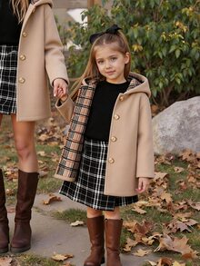 SHEIN Elladie kids 女嬰白色拼接格紋布料連帽前開襟時尚休閒外套，秋冬Y2K長袖上衣夾克 - 卡其色 - 查看 3